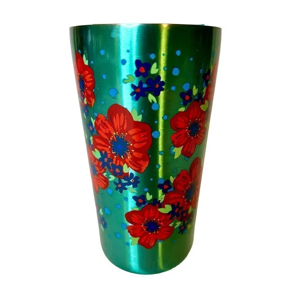 Pioneer Woman Teal W/Red Flowers Stainless Steel Travel Mug With Lid 20 Oz